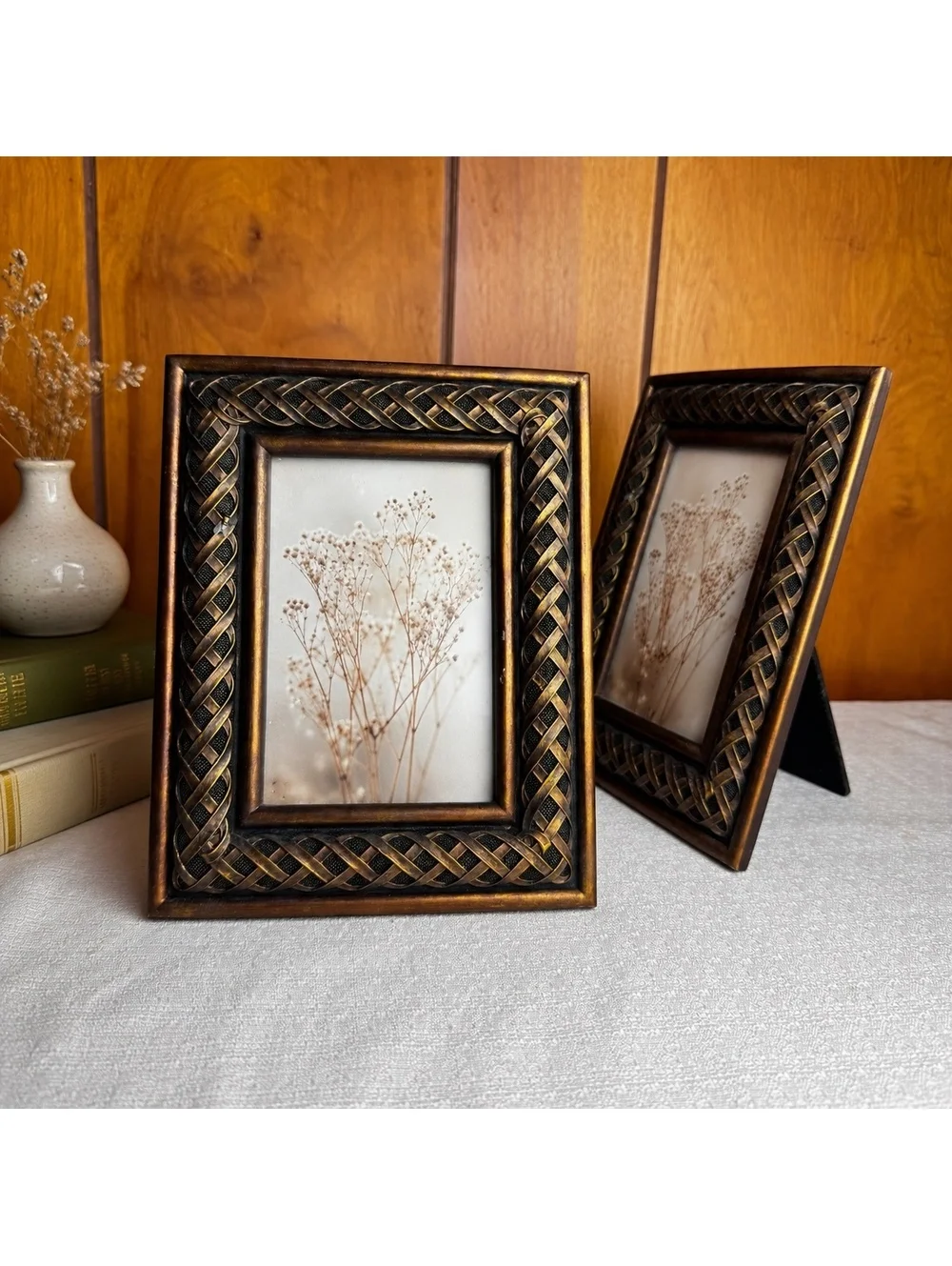 Vintage Bronze Black Braided Picture Frame Holds 4x6 Photo Tabletop Decor